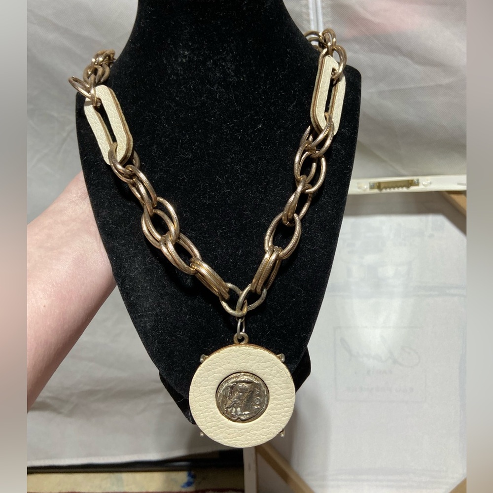 Vintage Chunky Double Link, Gold Tone Pendant Necklace Leather Accents